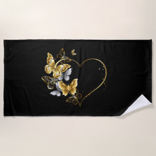 Heart with Golden Butterflies Beach Towel
