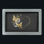 Heart with Golden Butterflies Belt Buckle<br><div class="desc">Gold heart shaped frame,  decorated with gold,  jewelry and white butterflies on black background.</div>