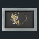 Heart with Golden Butterflies Belt Buckle<br><div class="desc">Gold heart shaped frame,  decorated with gold,  jewelry and white butterflies on black background.</div>
