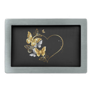 Heart with Golden Butterflies Belt Buckle