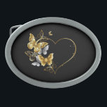Heart with Golden Butterflies Belt Buckle<br><div class="desc">Gold heart shaped frame,  decorated with gold,  jewelry and white butterflies on black background.</div>