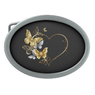 Heart with Golden Butterflies Belt Buckle