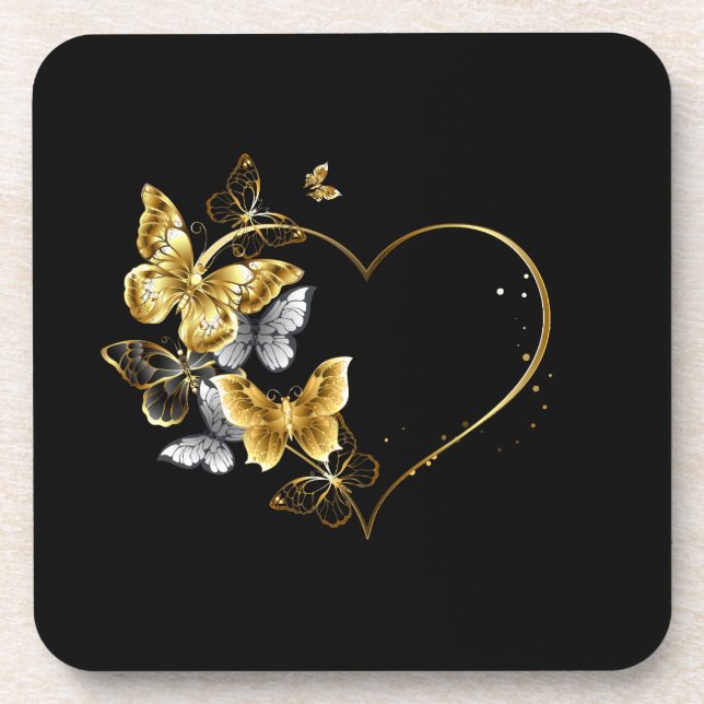 Heart with Golden Butterflies Beverage Coaster (Front)
