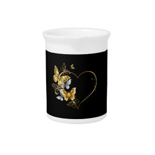 Heart with Golden Butterflies Beverage Pitcher