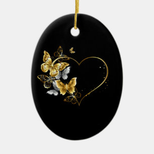 Heart with Golden Butterflies Ceramic Ornament