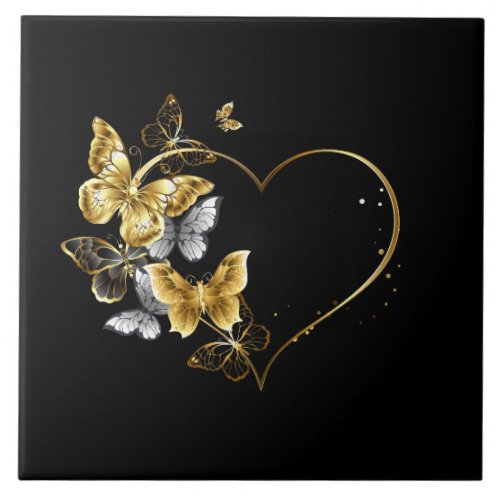 Heart with Golden Butterflies Ceramic Tile