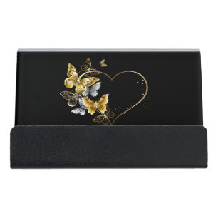 Heart with Golden Butterflies Desk Business Card Holder