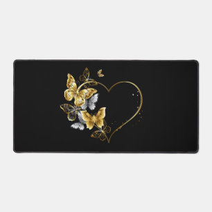 Heart with Golden Butterflies Desk Mat