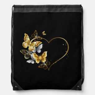 Heart with Golden Butterflies Drawstring Bag