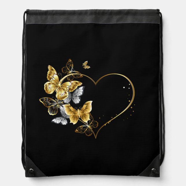 Heart with Golden Butterflies Drawstring Bag (Front)