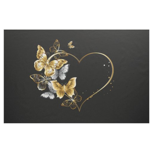 Heart with Golden Butterflies Fabric