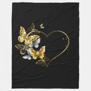 Heart with Golden Butterflies Fleece Blanket