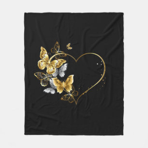Heart with Golden Butterflies Fleece Blanket