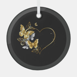 Heart with Golden Butterflies Glass Ornament