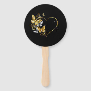 Heart with Golden Butterflies Hand Fan