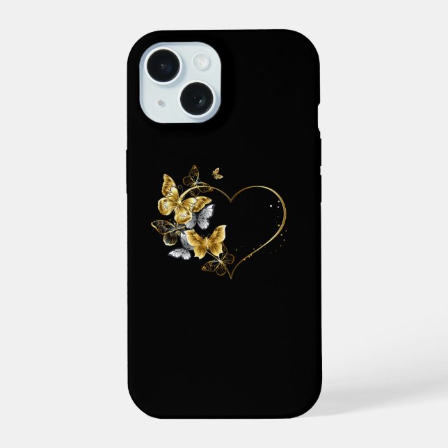 Heart with Golden Butterflies iPhone 15 Case (Back)