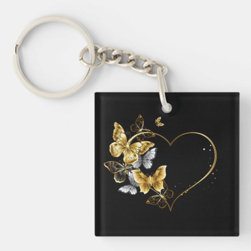 Heart with Golden Butterflies Keychain