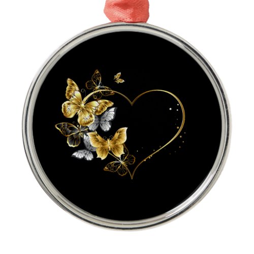 Heart with Golden Butterflies Metal Ornament