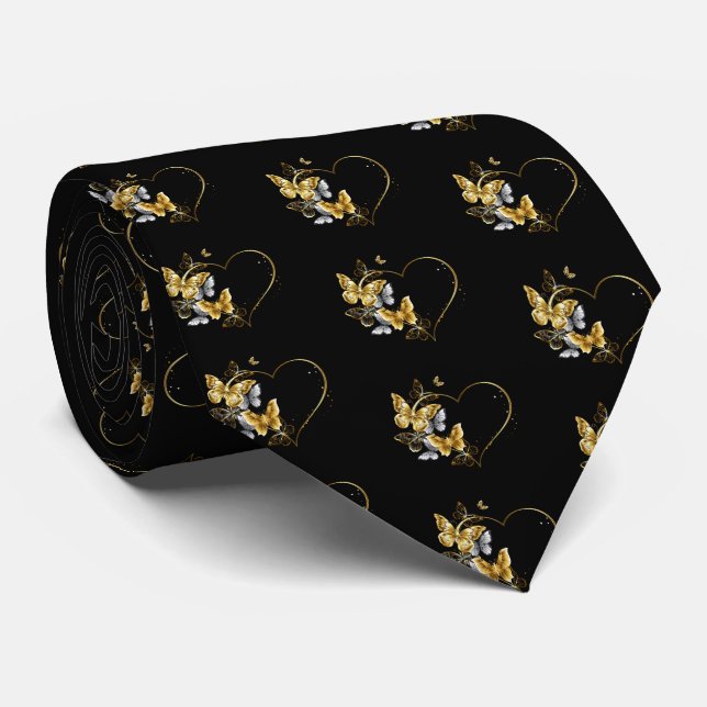 Heart with Golden Butterflies Neck Tie (Rolled)
