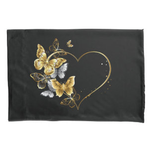 Heart with Golden Butterflies Pillow Case