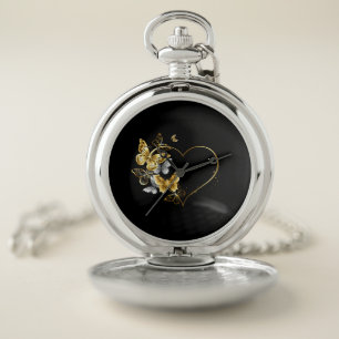 Heart with Golden Butterflies Pocket Watch