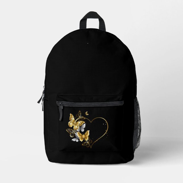 Heart with Golden Butterflies Printed Backpack (Front)