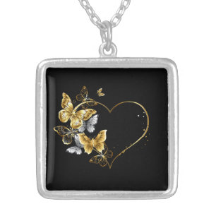 Heart with Golden Butterflies Silver Plated Necklace