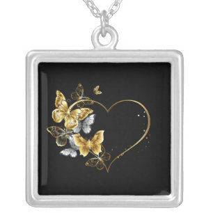 Heart with Golden Butterflies Silver Plated Necklace