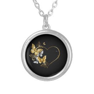 Heart with Golden Butterflies Silver Plated Necklace