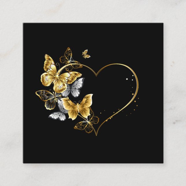 Heart with Golden Butterflies Square Business Card (Front)
