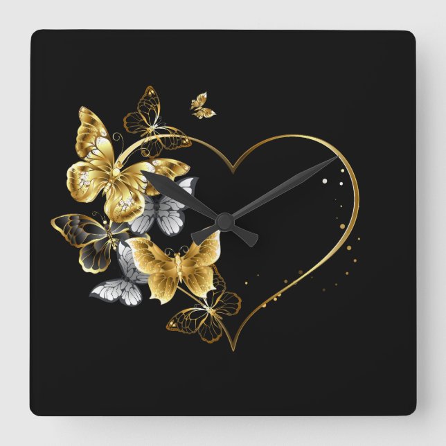 Heart with Golden Butterflies Square Wall Clock (Front)