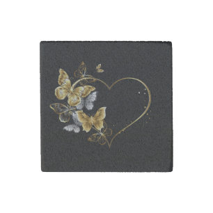 Heart with Golden Butterflies Stone Magnet