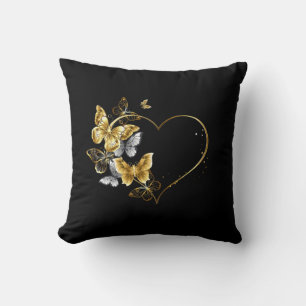 Heart with Golden Butterflies Throw Pillow