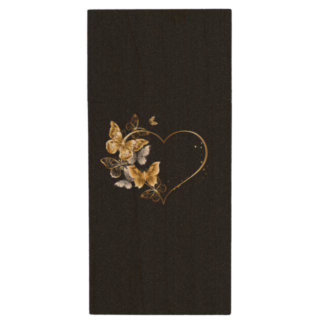Heart with Golden Butterflies Wood Flash Drive (Front Vertical)