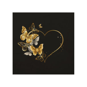 Heart with Golden Butterflies Wood Wall Art