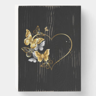 Heart with Golden Butterflies Wooden Box Sign
