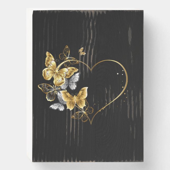 Heart with Golden Butterflies Wooden Box Sign (Front Vertical)