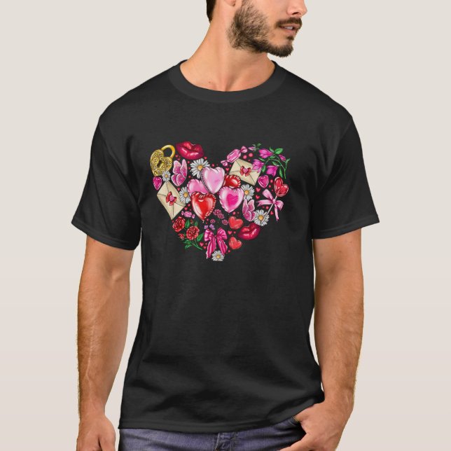 Heart With Heart Letter Key Candy Rose Pattern Val T-Shirt (Front)