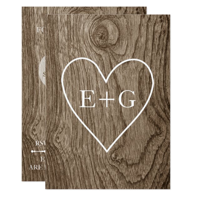 Heart With Initials On Wood Wedding Couples Shower Invitation