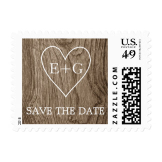 Heart with initials on wood wedding Save the Date Postage