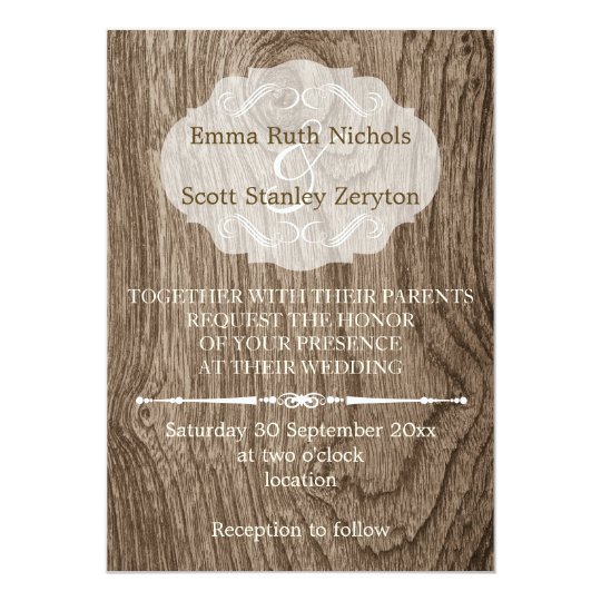 Heart With Initials Wood Grain Rustic Wedding Invitation Zazzle Heart With Initials Wood Grain Rustic Wedding Invitation