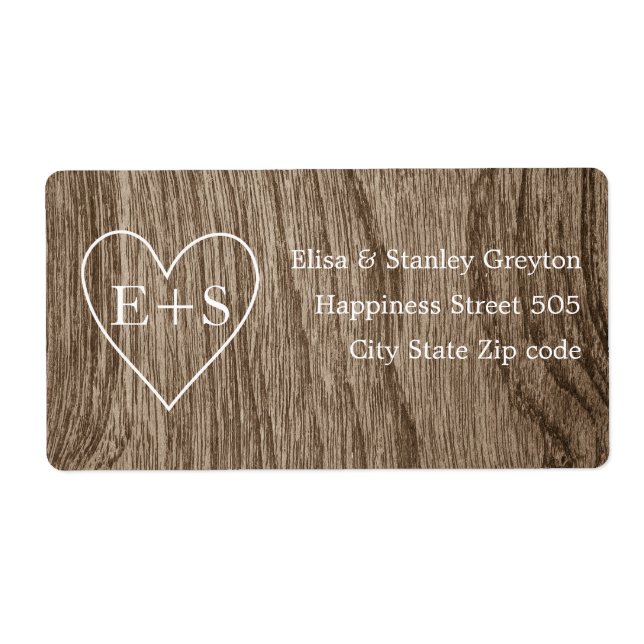 Heart with initials wood grain rustic wedding label (Front)