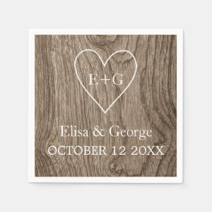 Heart with initials wood grain rustic wedding paper napkin