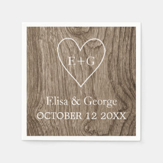 Heart with initials wood grain rustic wedding paper napkin