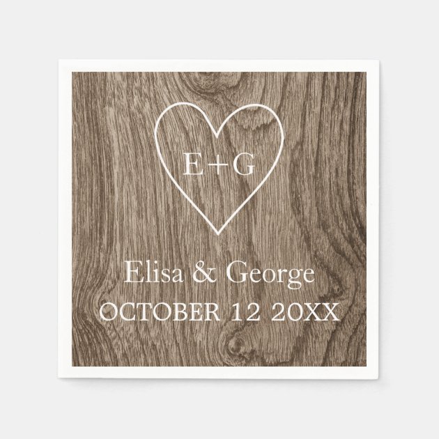 Heart With Initials Wood Grain Rustic Wedding Paper Napkin