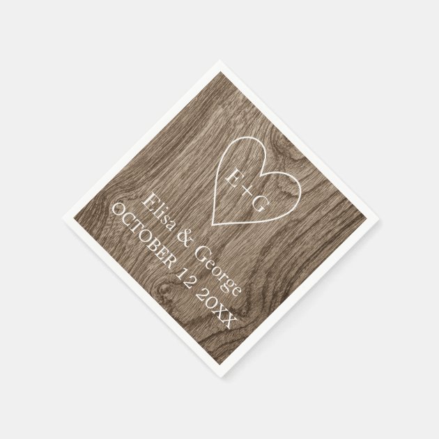 Heart With Initials Wood Grain Rustic Wedding Paper Napkin