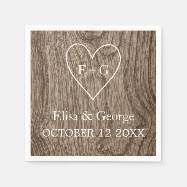 Heart with initials wood grain rustic wedding paper napkins (Front)