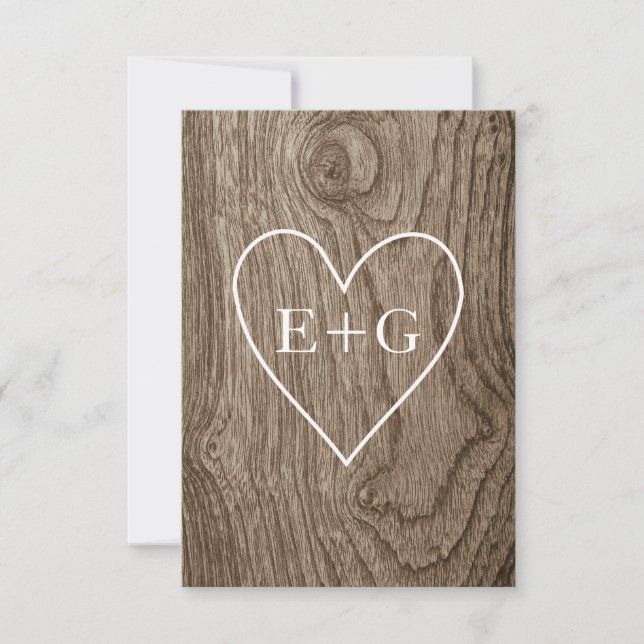 Heart with initials wood grain rustic wedding RSVP Card (Front)