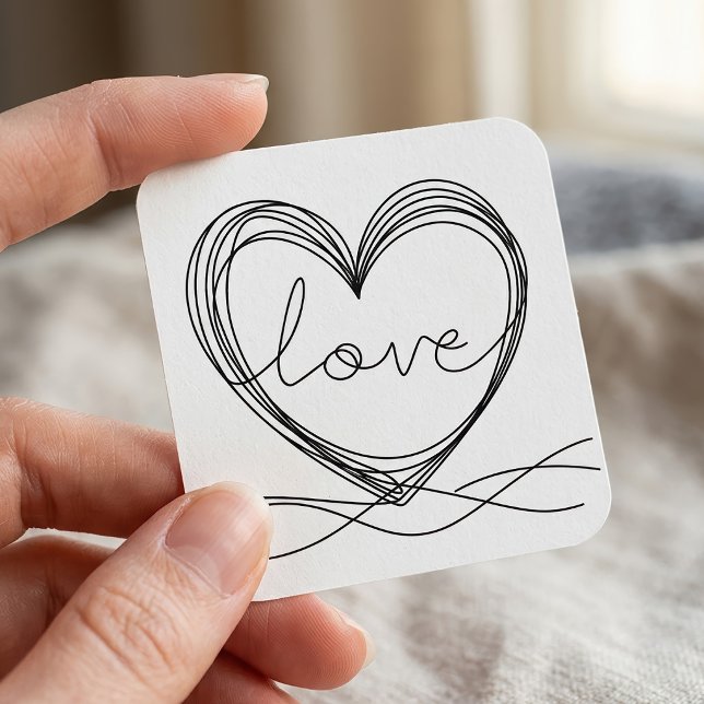 Heart with Love Continuous Line Art Design Square Sticker (Heart with Love Continuous Line Art Design. Square Sticker)