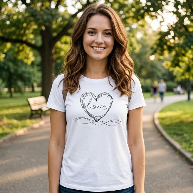 Heart with Love Continuous Line Art Design T-Shirt (Heart with Love Continuous Line Art Design. Women Basic White T-Shirt)